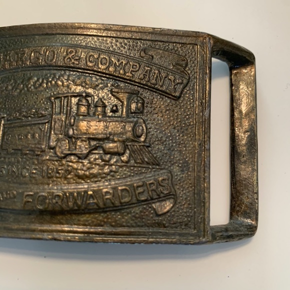 Vintage Brass Western Belt Buckle Wells Fargo Bankers & Forwarders Steam Train - Picture 3 of 7
